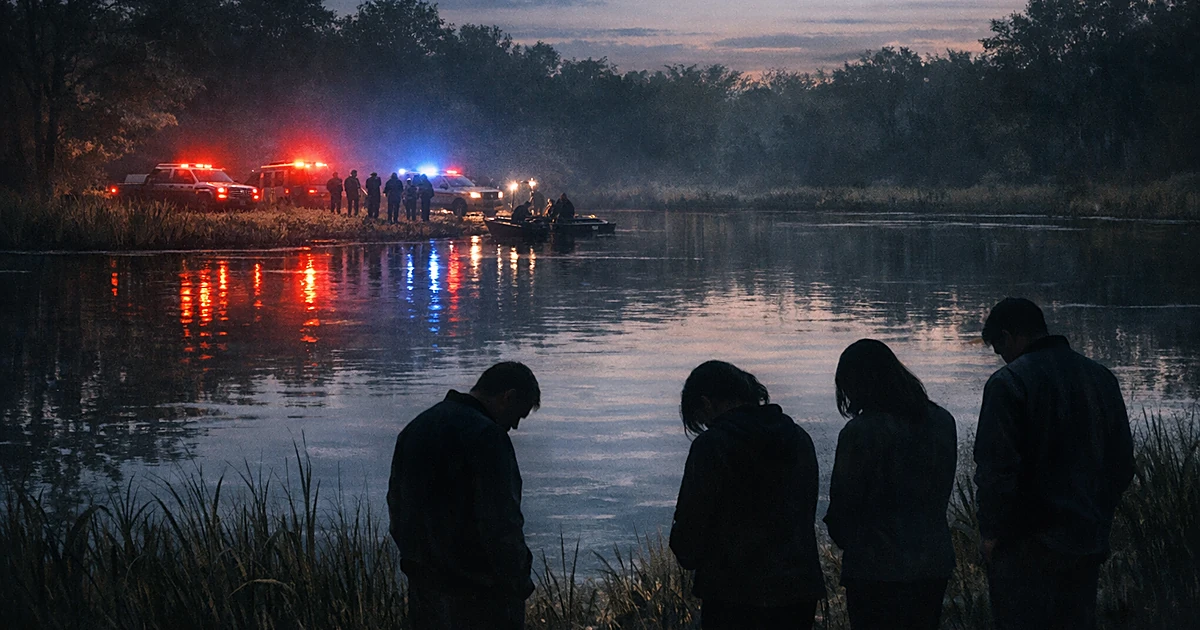 Silhouettes of people standing at edge of pond at dusk with emergency vehicle lights reflecting on water