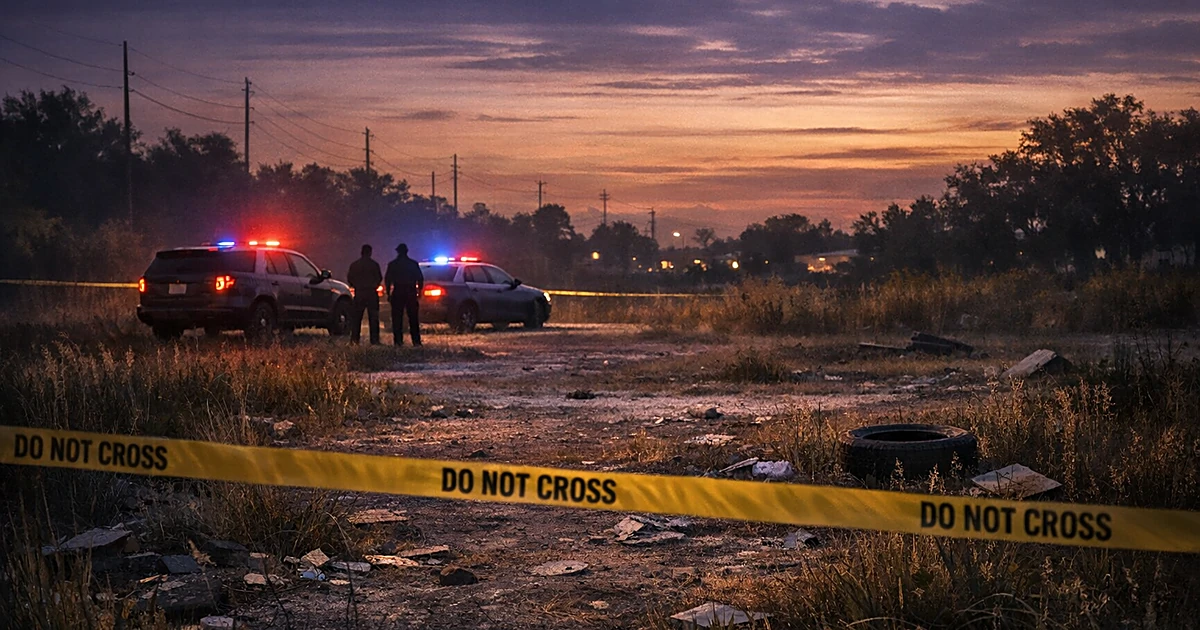 Crime scene tape cordons off a vacant lot at dusk with police vehicle silhouettes and flashing emergency lights