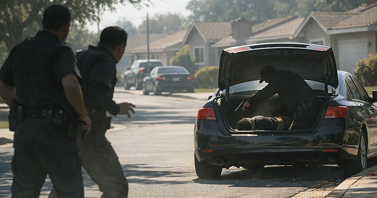 Open car trunk on suburban street with deputy silhouettes standing nearby in tense postures under bright daylight