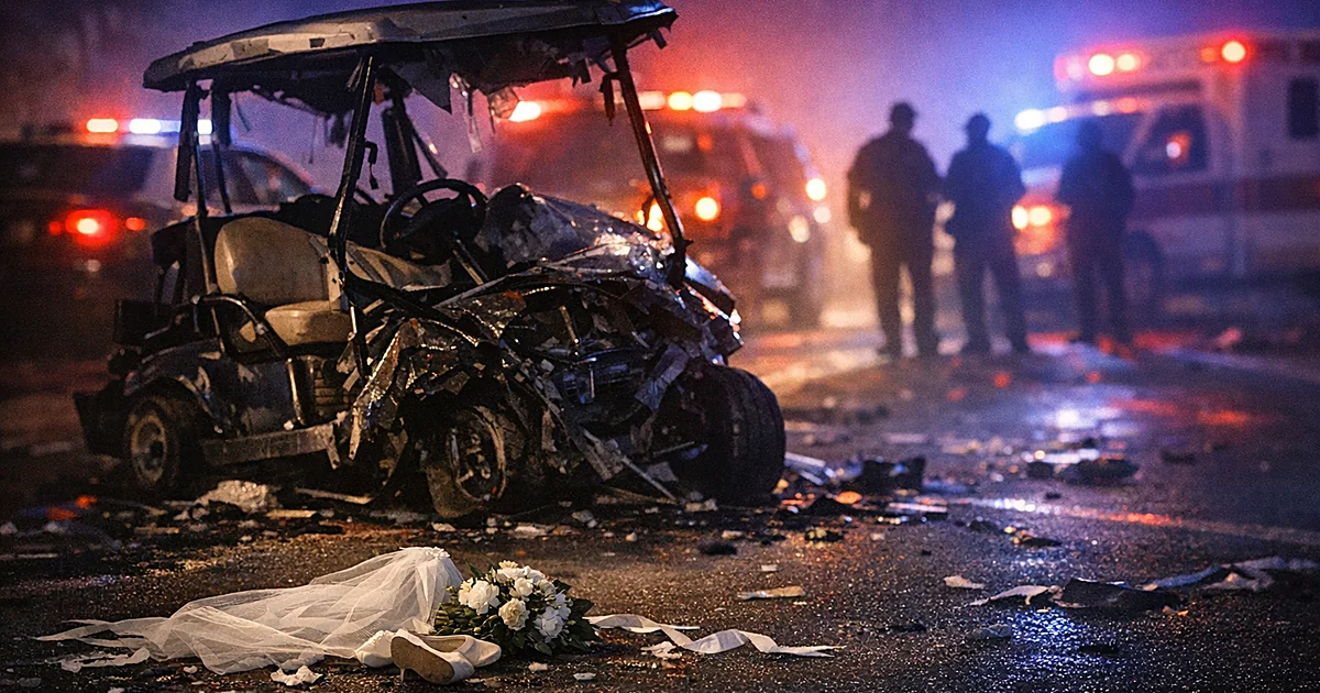 Damaged golf cart on dark road at night with emergency lights and scattered wedding decorations on pavement