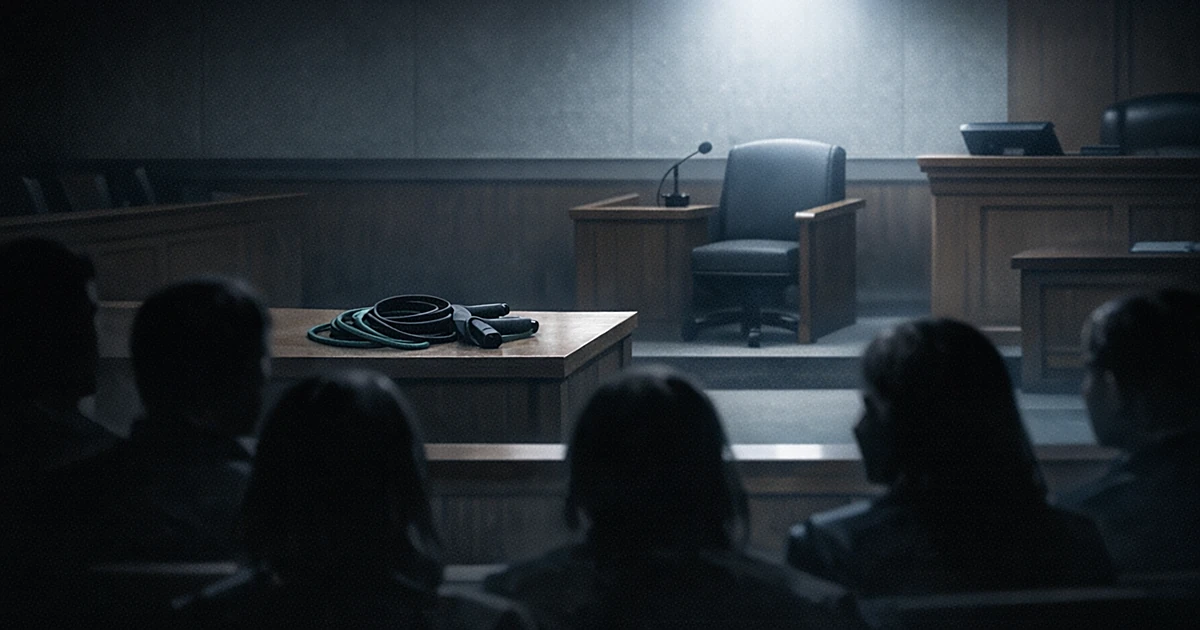 Silhouettes of jury members facing an empty witness stand with exercise bands on evidence table in stark courtroom