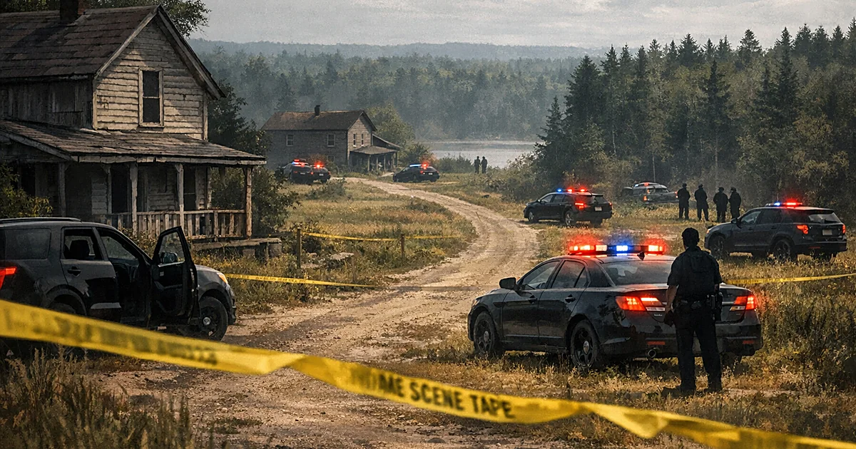 Rural Michigan properties with police vehicles and crime scene tape spanning multiple locations near wooded lake area