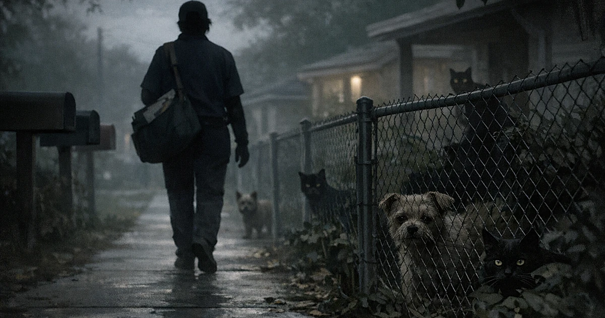 Silhouetted mail carrier walking past suburban homes with cats and dogs visible behind fences in shadowy yards