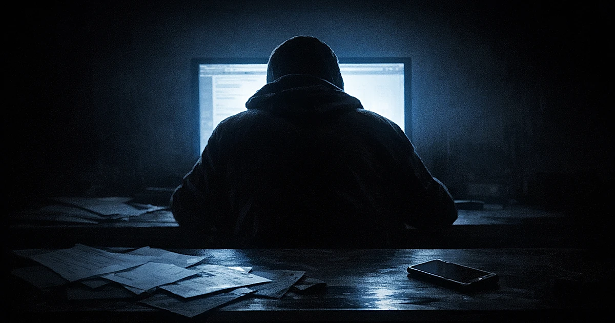 Silhouetted figure at computer in dark room with glowing screen casting eerie blue light across empty desk