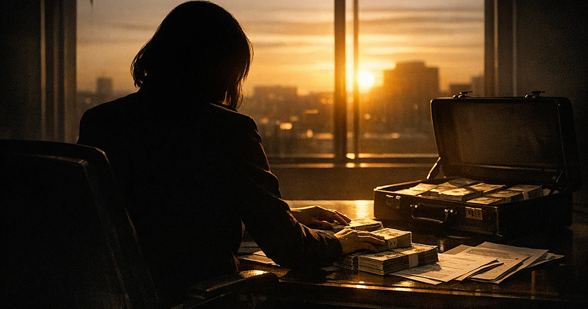 Silhouetted person at desk with cash and documents in shadowy office with window light behind
