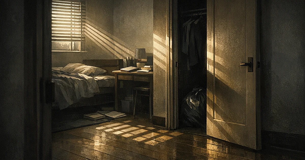 Dark college dorm room with unmade bed, desk with books, and partially open closet door casting shadows