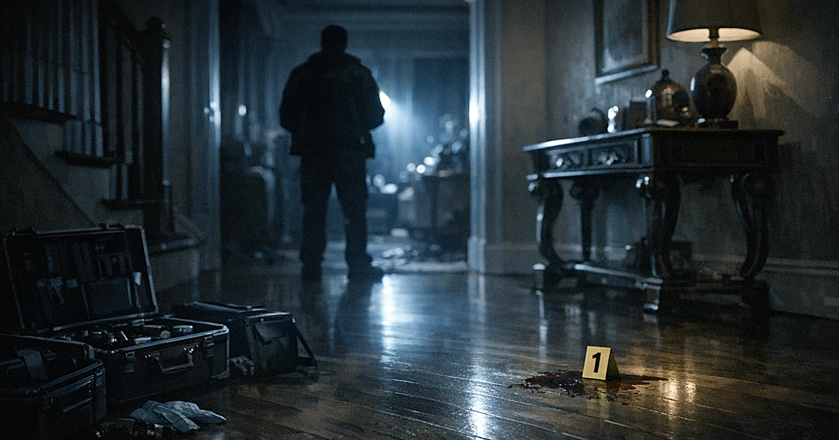 Dark residential hallway with evidence marker on floor and investigator silhouette examining crime scene