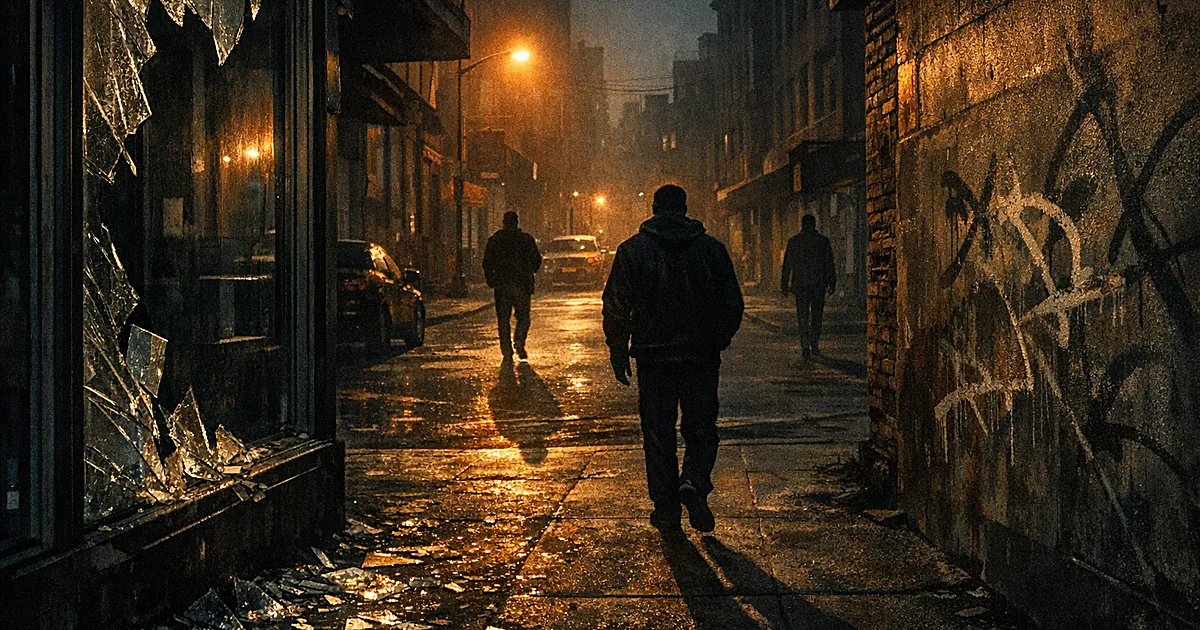 Silhouettes walk past vandalized storefront with broken glass on dark urban street at dusk