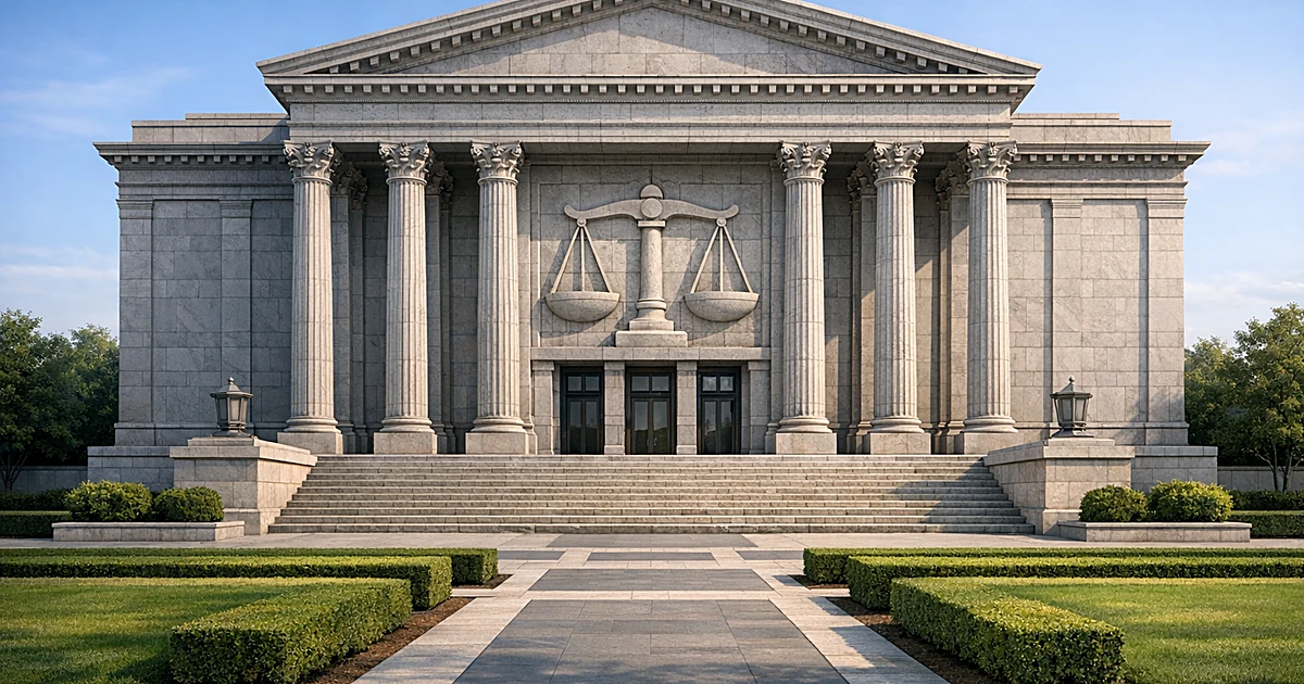 Classical courthouse building with columns and stone carved scales of justice against blue sky
