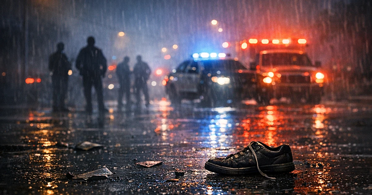 Dark street at night with debris and emergency lights reflecting on wet pavement after a hit-and-run accident
