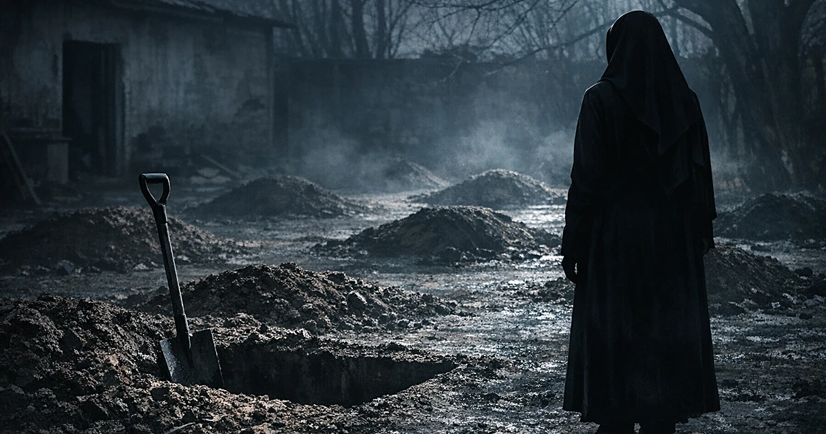 Silhouetted figure standing in dark yard with disturbed earth and burial mounds under moonlight