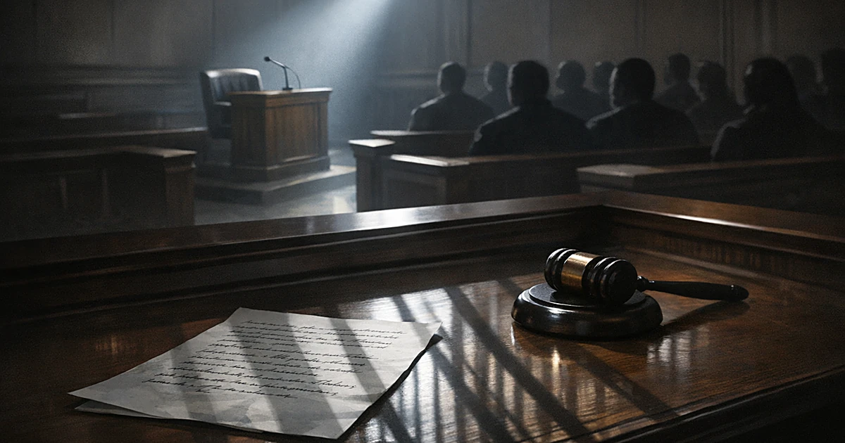 Empty courtroom with witness stand lit by window light, handwritten document on judge's desk with prison bar shadows