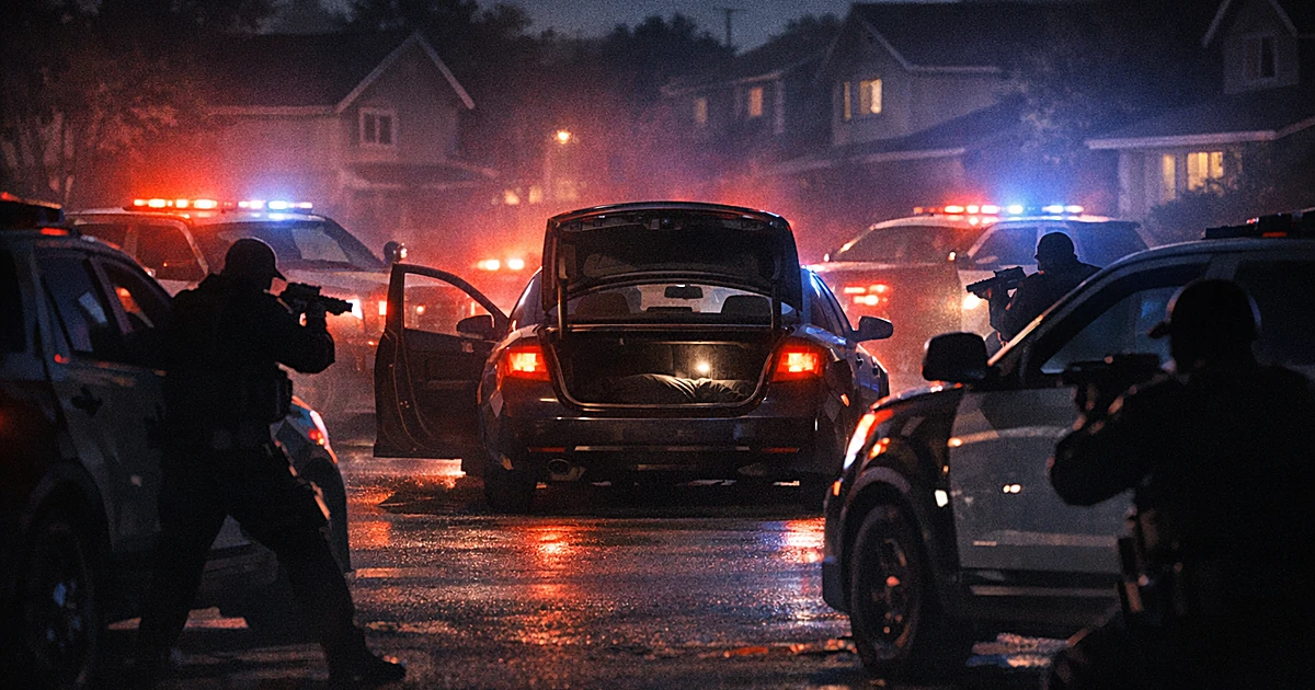 Police vehicles with emergency lights surrounding a car on a dark suburban street at night with officer silhouettes