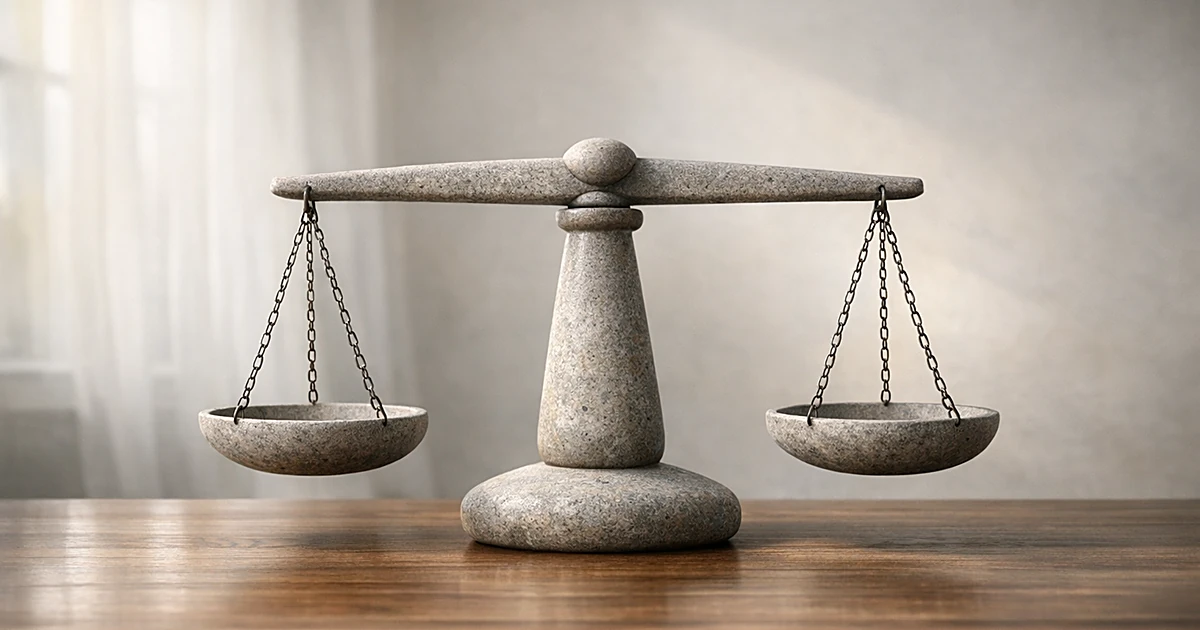 Stone balance scale on wooden surface with natural window lighting