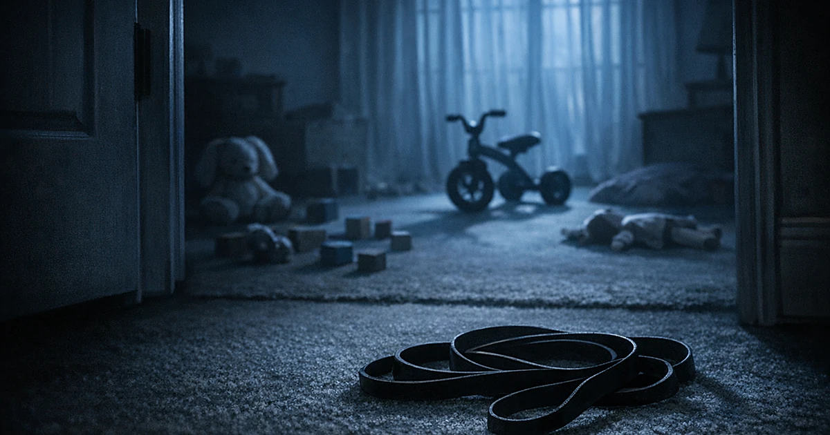 Dark empty playroom with scattered children's toys and an exercise band on the floor in dim twilight