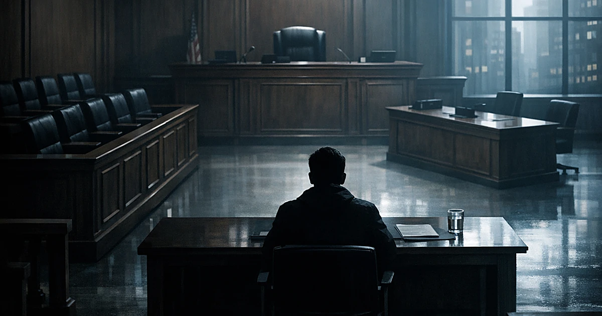 Silhouette of defendant seated alone at courtroom table facing judge's bench in empty federal courtroom