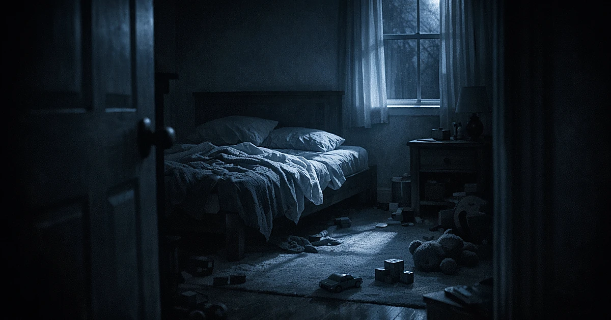 Empty child's bedroom at night with unmade bed illuminated by moonlight through window, toys scattered on floor