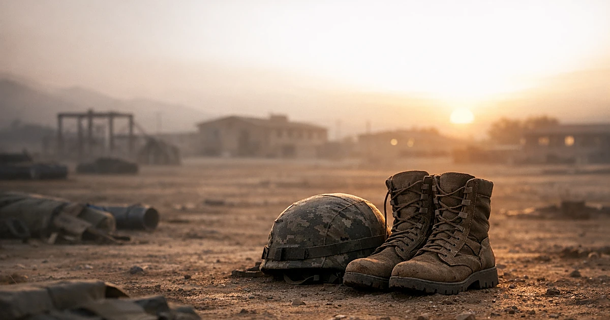 Military boots and helmet on empty training ground at dusk with distant barracks silhouettes