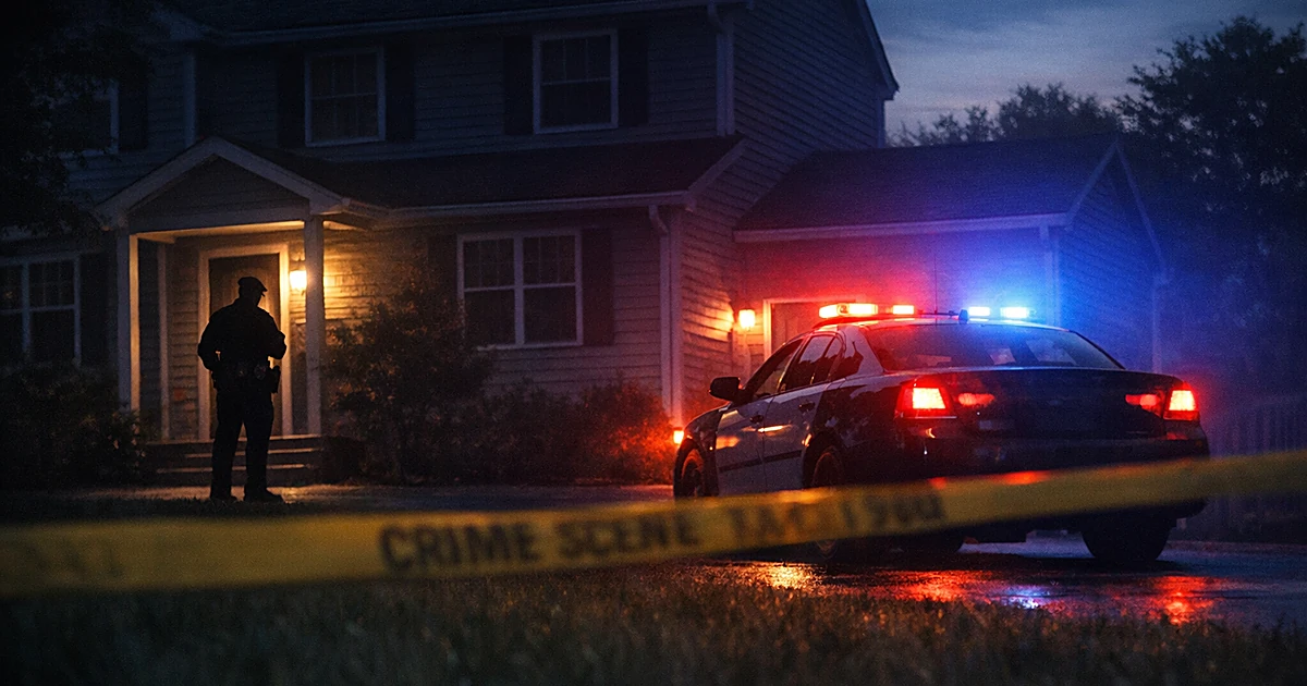 Police lights illuminate a suburban home at dusk with officer silhouette and crime scene tape in foreground
