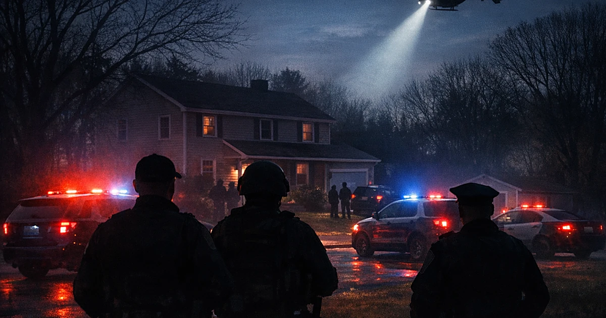 Police vehicles with emergency lights outside a darkened home at dusk with helicopter searchlight overhead