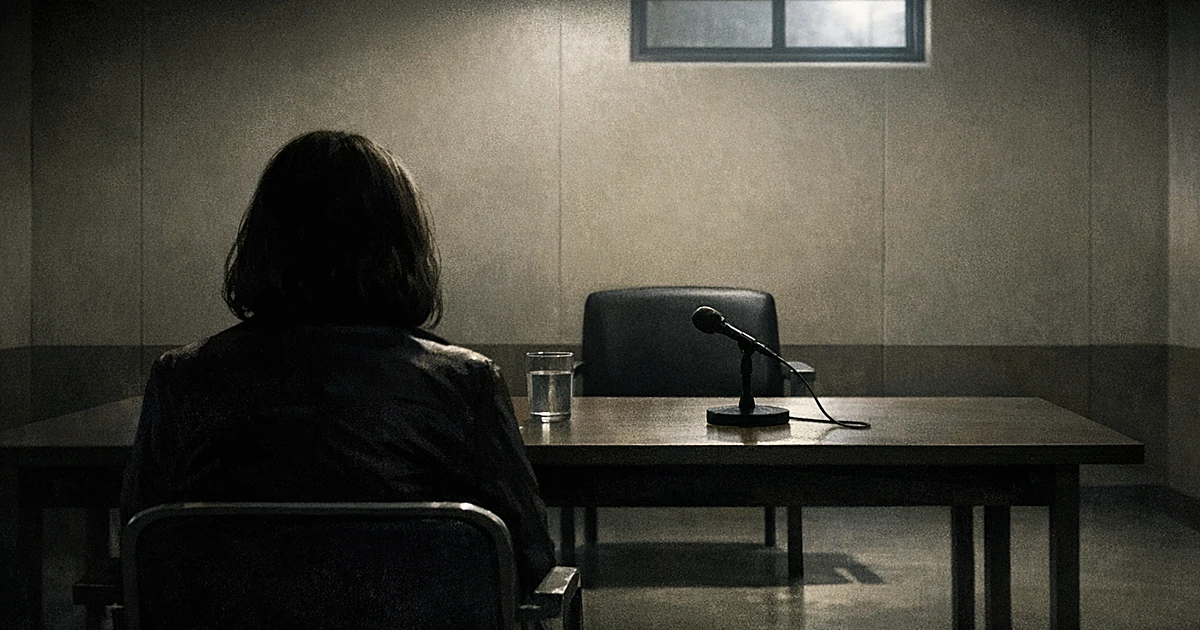 Person shown from behind sitting alone in institutional hearing room facing empty chair across table