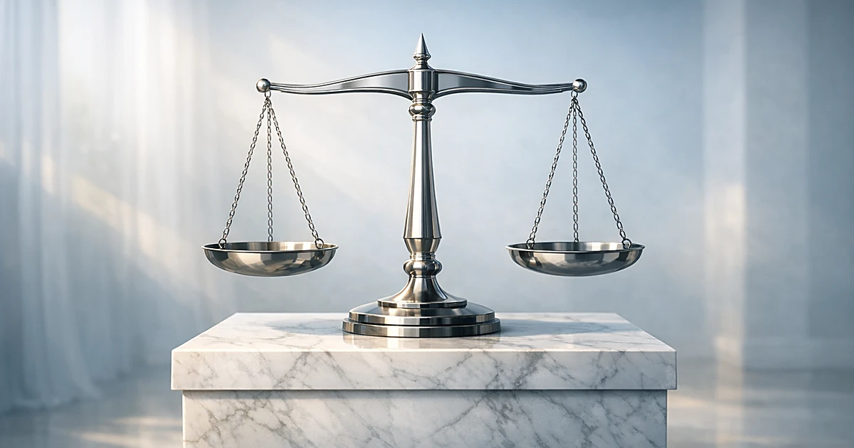 Abstract metal scales of justice on marble pedestal in soft blue-gray lighting