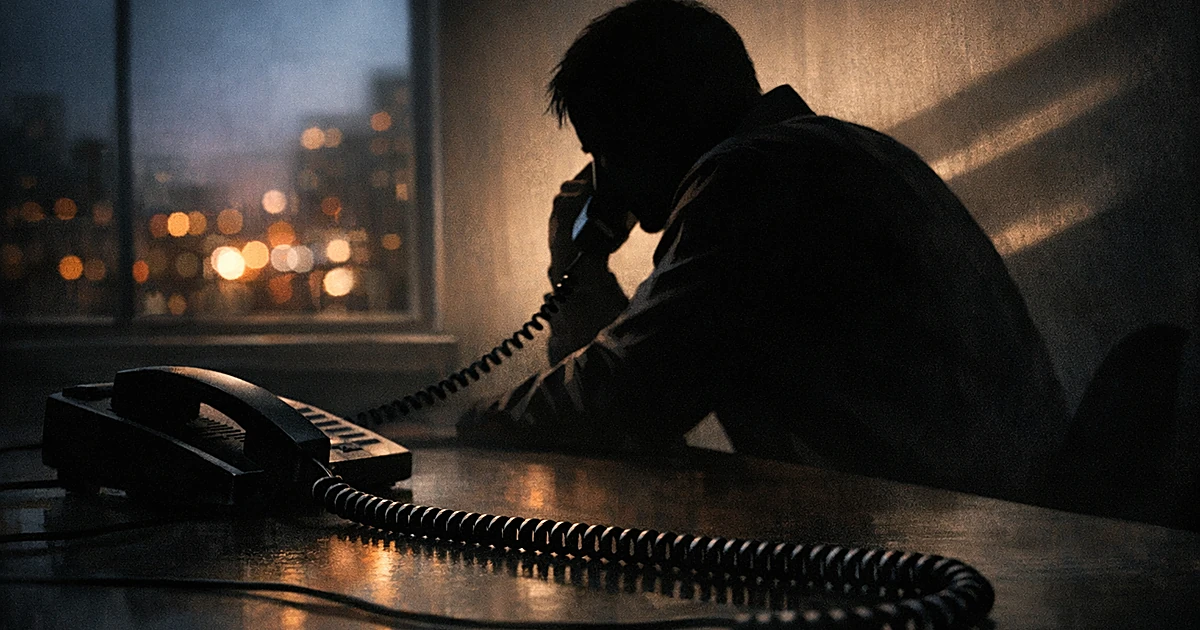 Silhouetted person making phone call in dark room with city lights visible through window in background