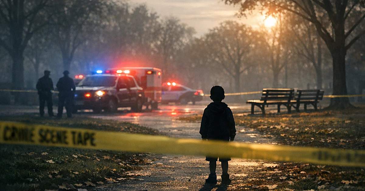 Child silhouette stands alone in park with emergency lights and crime scene tape in afternoon light