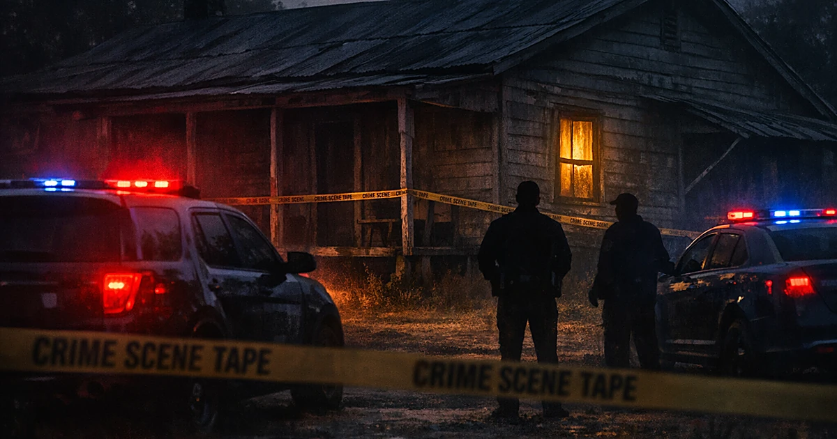 Dark rural house with police vehicle lights illuminating crime scene tape across porch at dusk