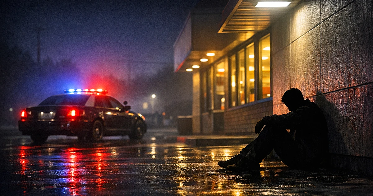 Silhouetted person against restaurant wall at night with police car's emergency lights in parking lot