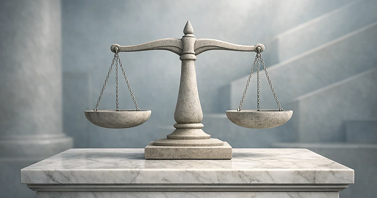 Stone balance scales on marble pedestal with soft lighting and abstract geometric background
