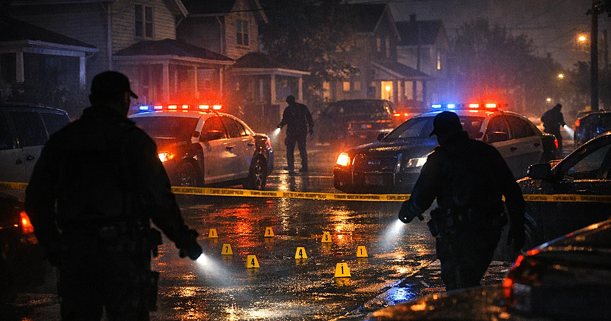 Police vehicles with emergency lights illuminate a nighttime street as officer silhouettes search the area