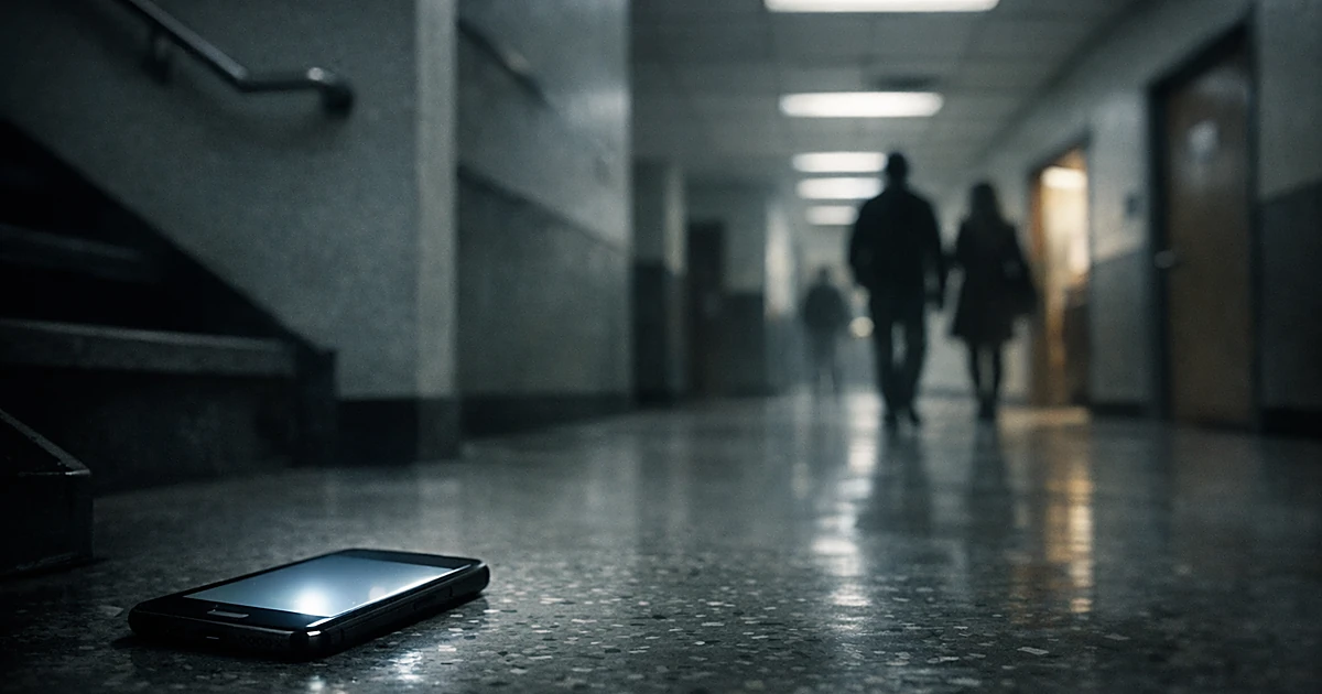 Smartphone on university hallway floor with silhouettes of people walking in background, suggesting covert surveillance