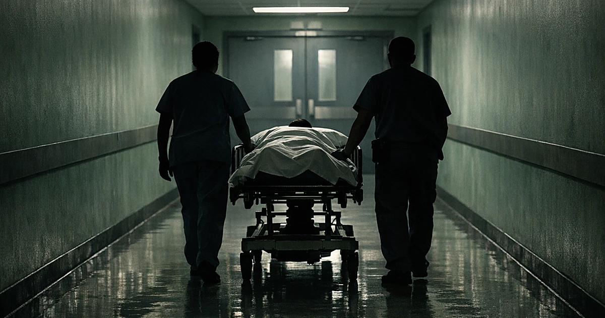Silhouettes of medical personnel wheeling gurney down institutional corridor with fluorescent lighting
