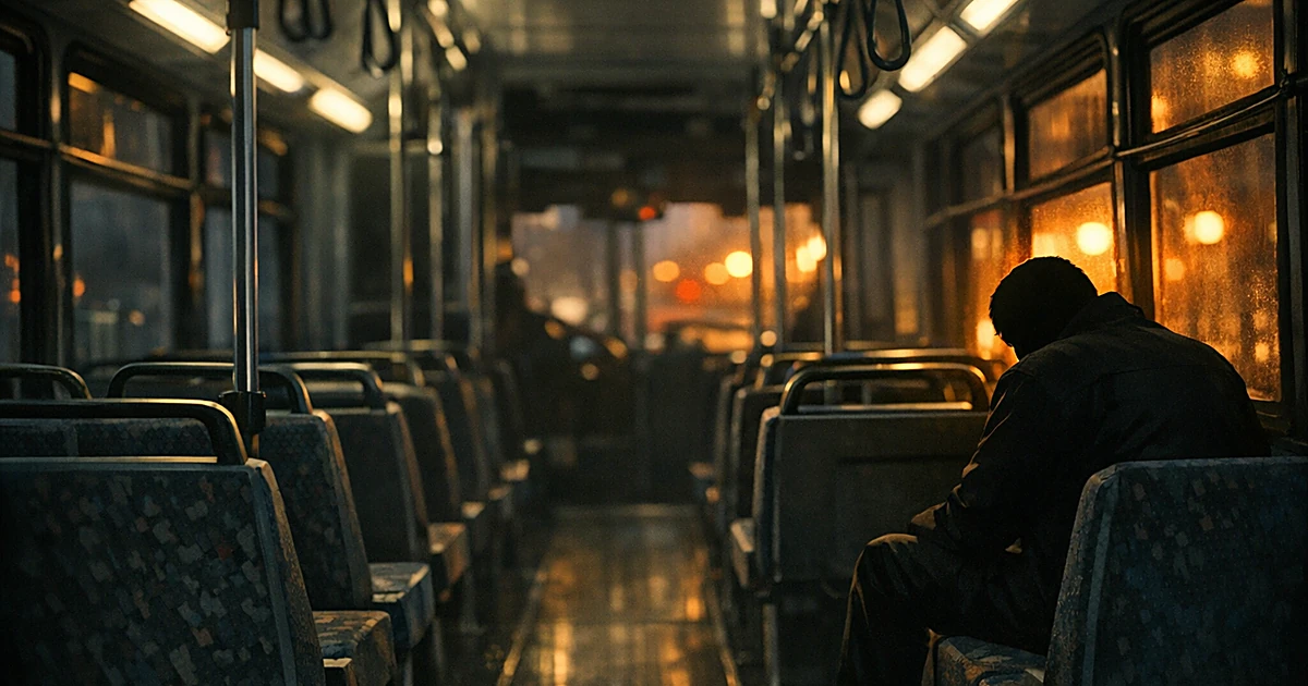 Dark interior of a Metro bus with silhouetted passenger seated alone, lit by streetlights through windows