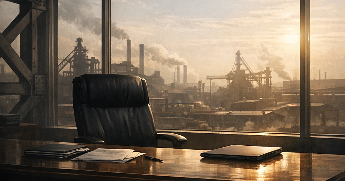 Empty executive chair behind desk with steel mill visible through office windows
