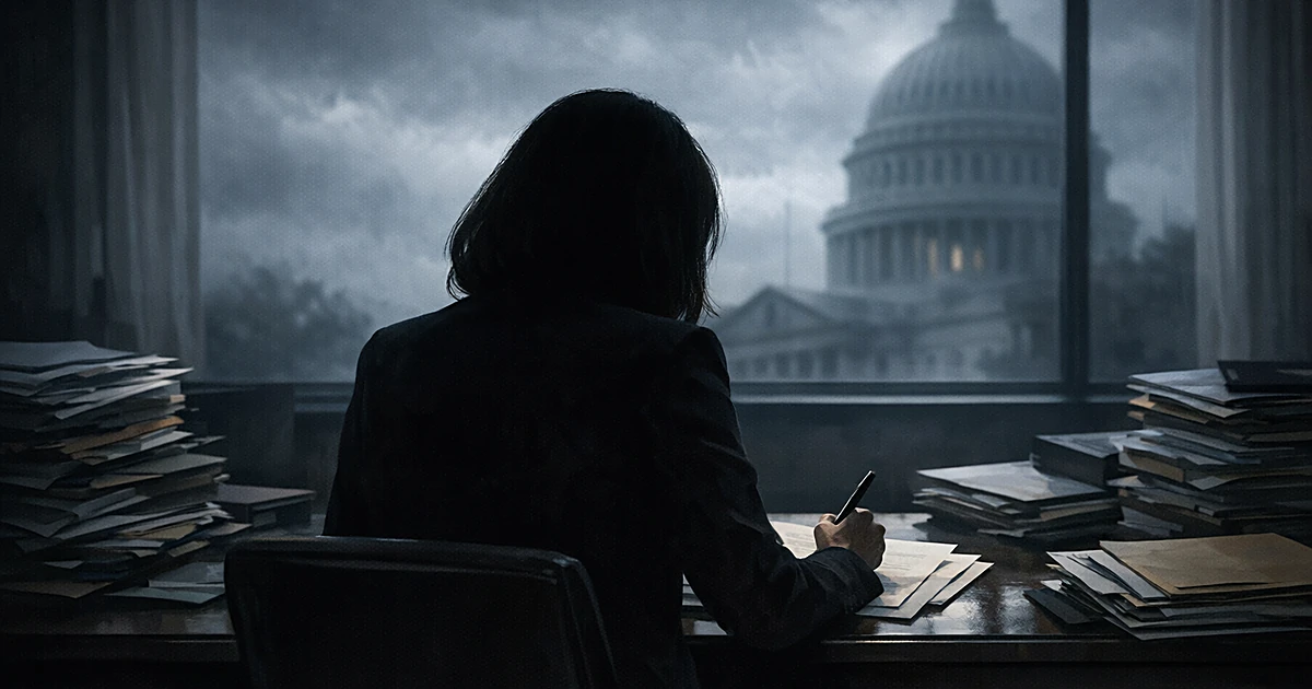 Silhouetted figure signing legal documents at desk with government building visible through window in background