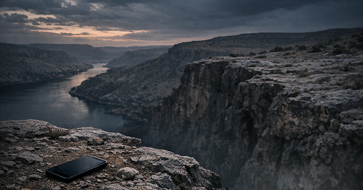 Abandoned smartphone on rocky cliff edge overlooking deep valley at dusk with ominous sky