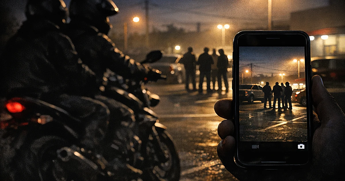 Smartphone livestream view of parking lot with silhouetted figures as motorcycle riders approach in shadows