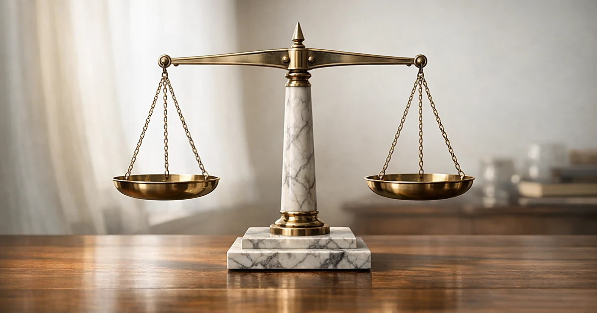Balanced marble scales on wooden surface with soft natural lighting