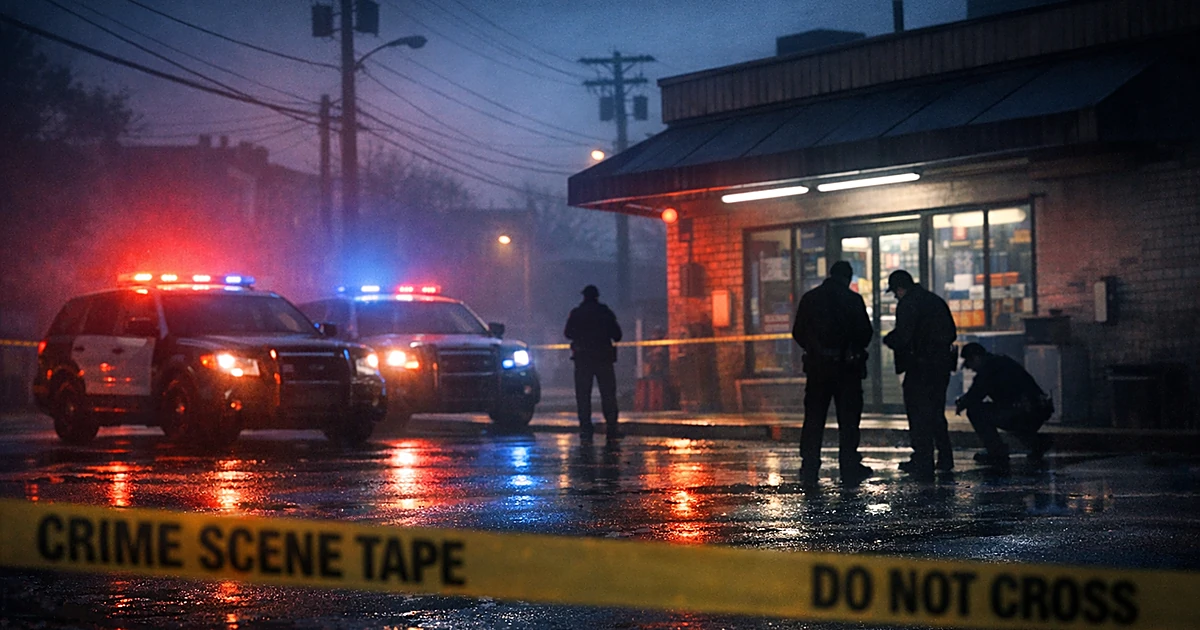 Police vehicles with emergency lights illuminate a cordoned convenience store crime scene at dawn