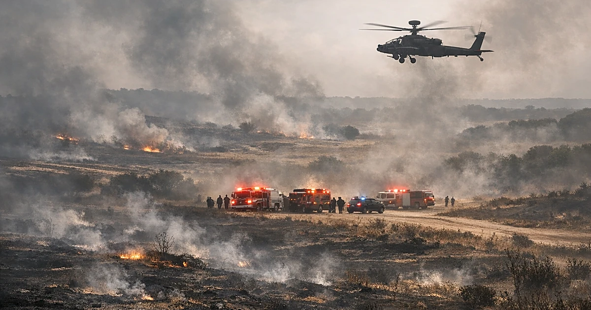 Aerial view of burned grassland with emergency vehicles and helicopter responding to wildfire in central Texas