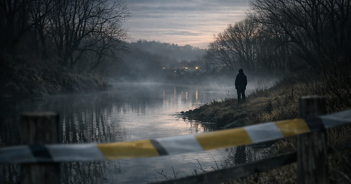 Silhouetted figure by a misty river at dusk with police tape in foreground and bare winter trees along the banks