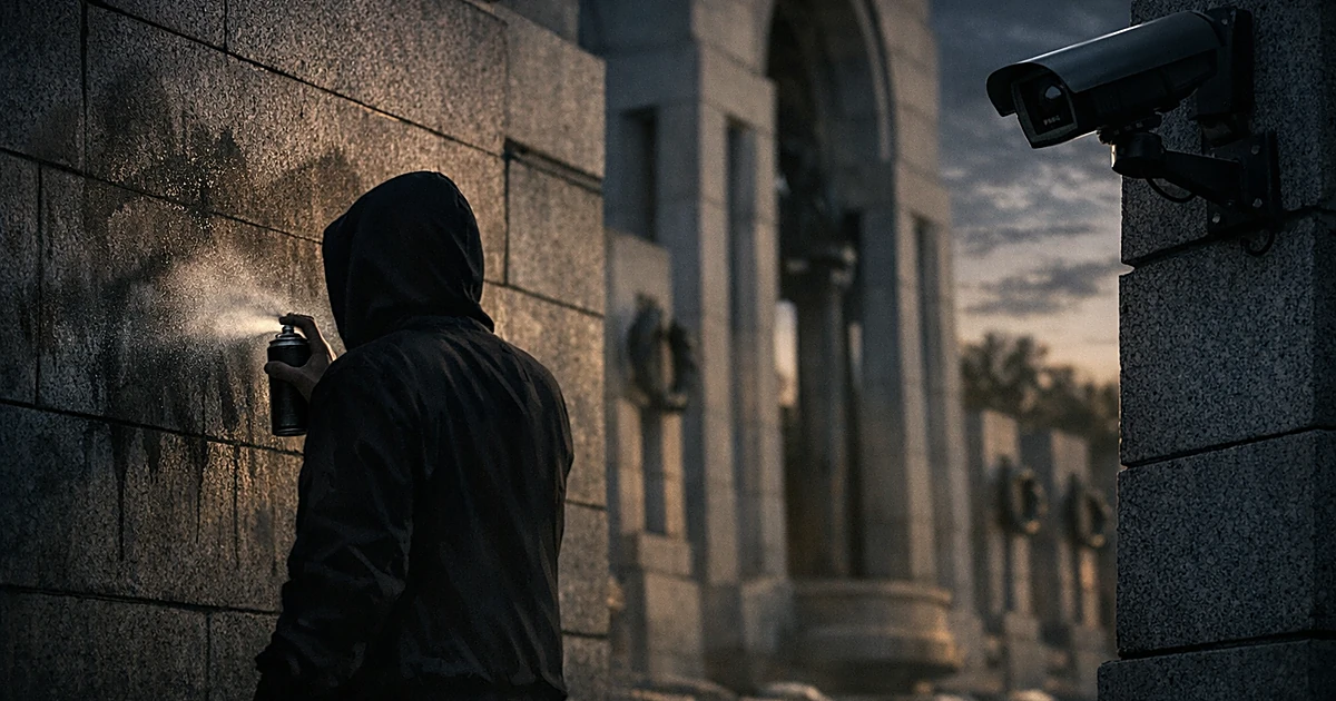 Silhouetted person with spray paint can facing memorial wall at dusk with security camera visible