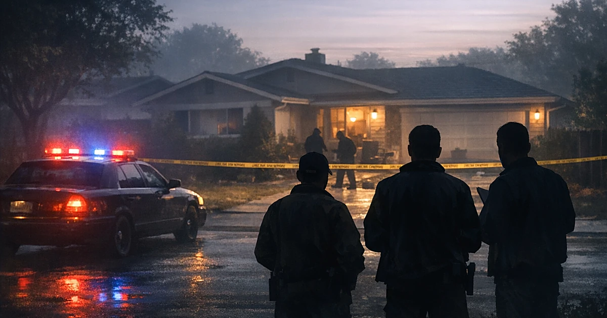 Suburban home cordoned with police tape at dawn, investigators silhouetted in foreground, emergency vehicle nearby
