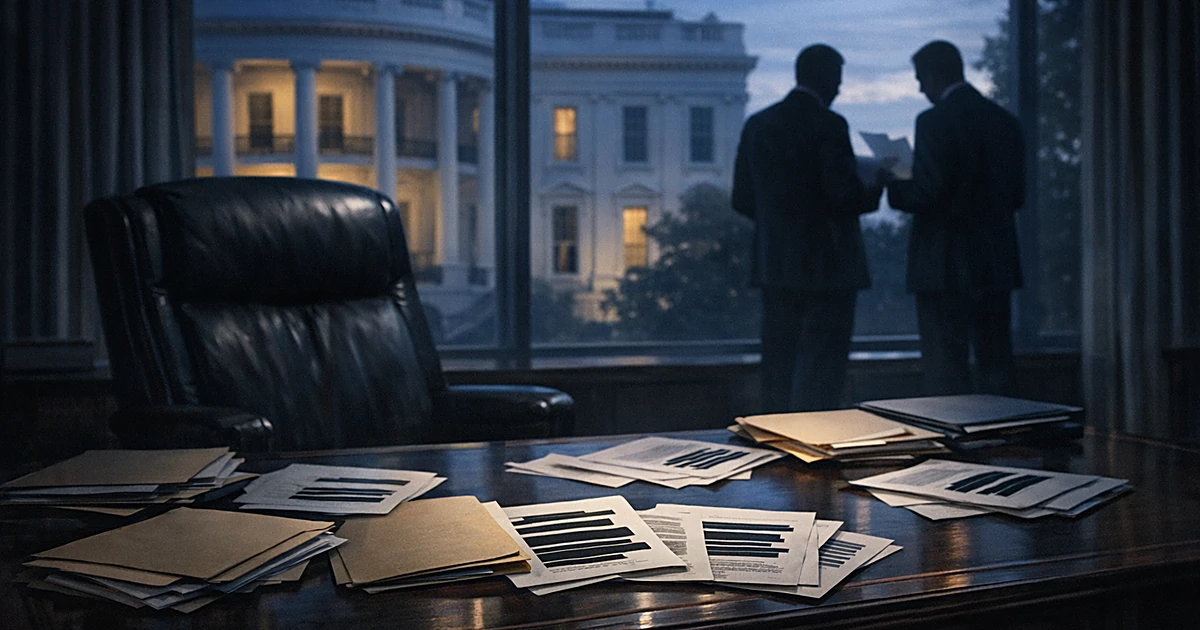 Empty office desk with redacted documents, silhouetted figures reviewing files, White House columns visible through window