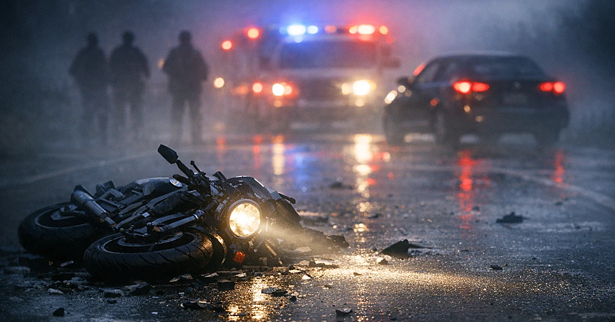 Motorcycle lying on wet road at dusk with emergency lights glowing in background after traffic collision