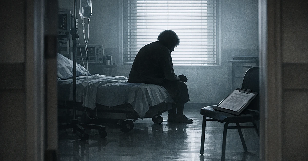 Silhouette of elderly person sitting alone on hospital bed in sterile medical room with shadows from equipment