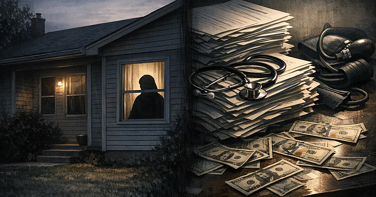 Split scene of suburban house and medical billing documents with cash, connected by dramatic shadows