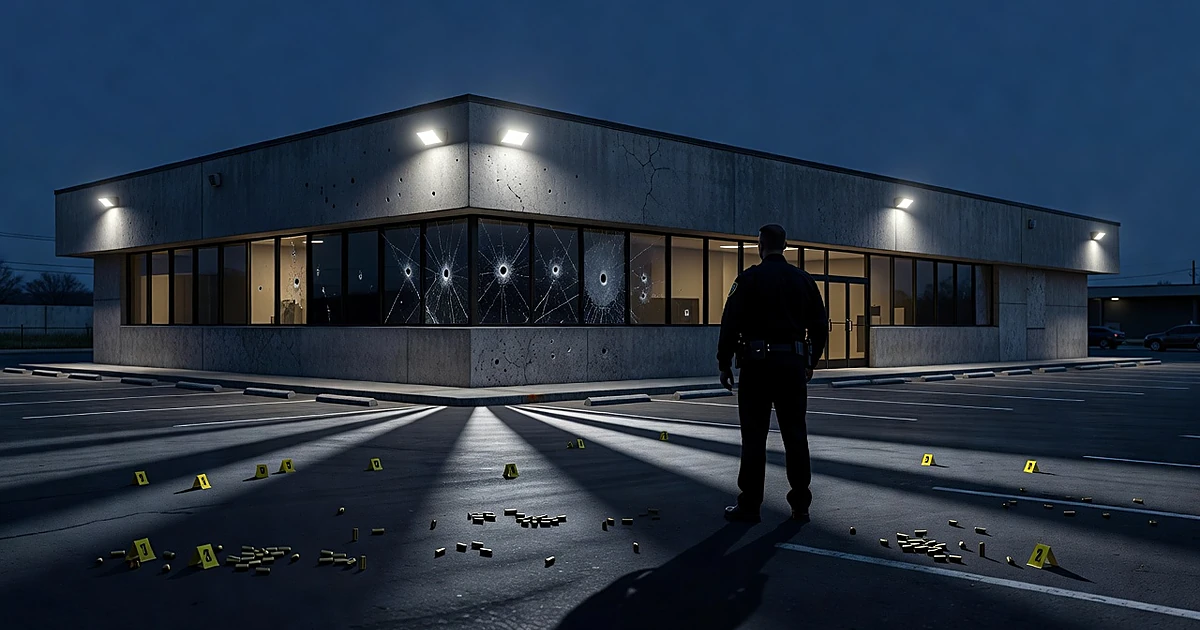 Nighttime scene of damaged law enforcement building with bullet holes, evidence markers, and silhouetted officer